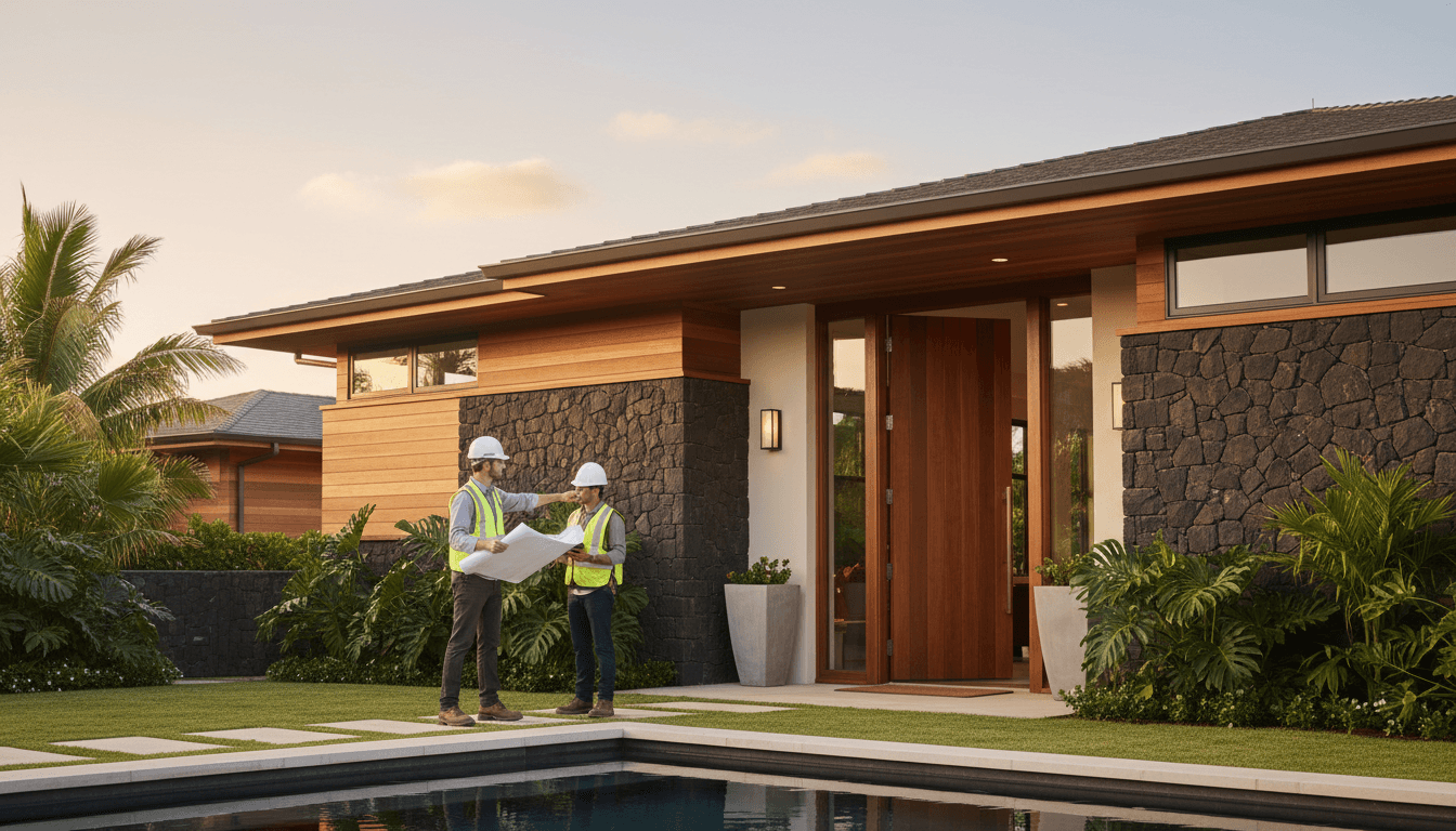 Completed custom home in Honolulu with tropical landscaping and quality craftsmanship details