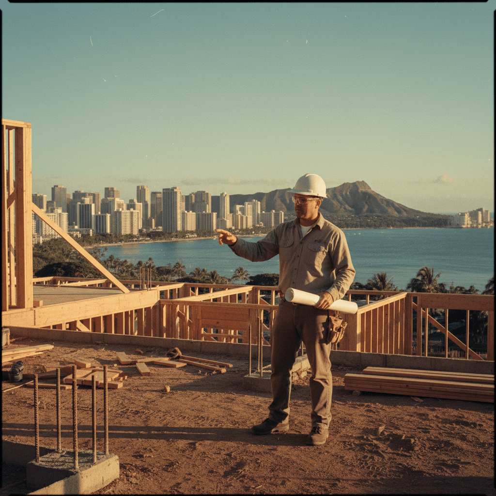Honolulu construction site with iconic island backdrop