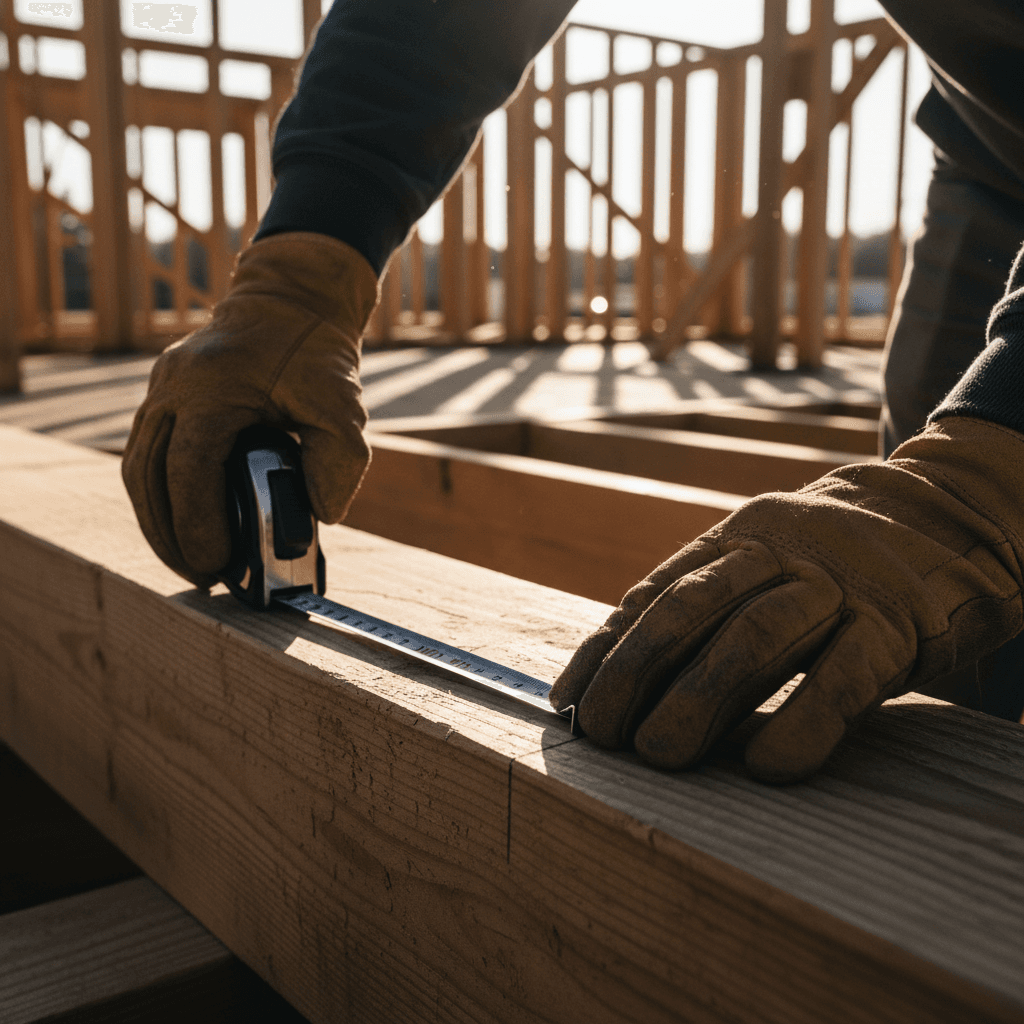 Contractor measuring wooden framing on custom home build