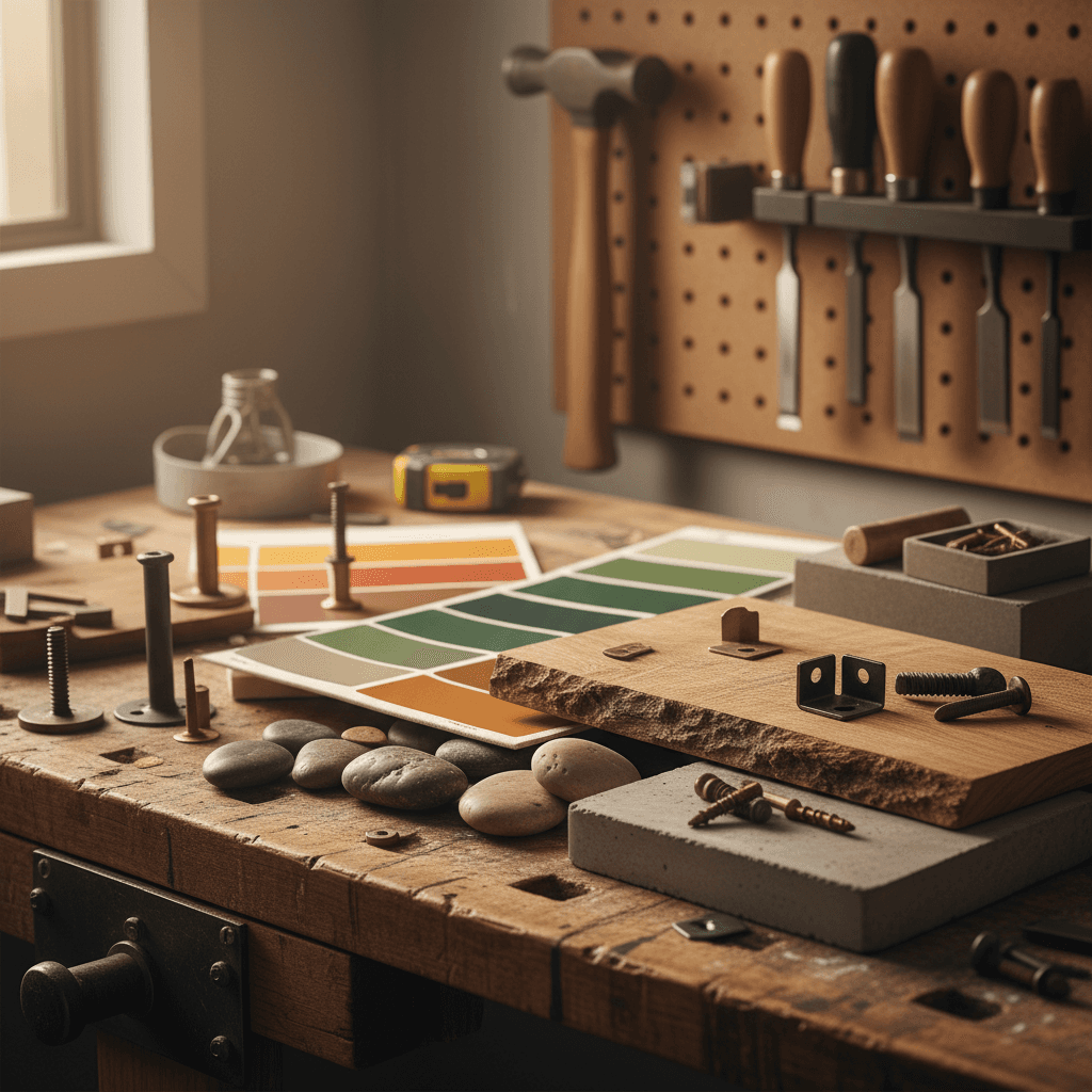 Construction materials and samples on workbench