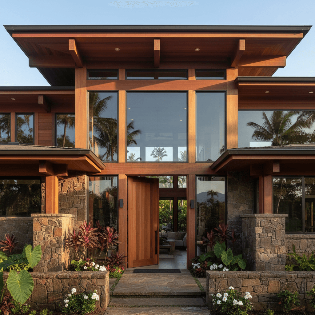 Custom-built home exterior in Honolulu with modern design and natural materials