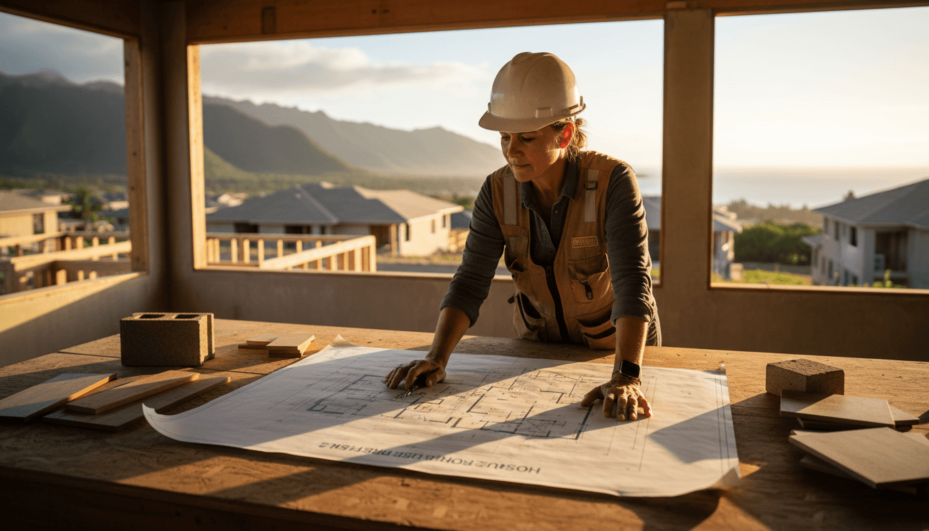 Construction professional reviewing project plans at a wooden table in a Honolulu home under construction