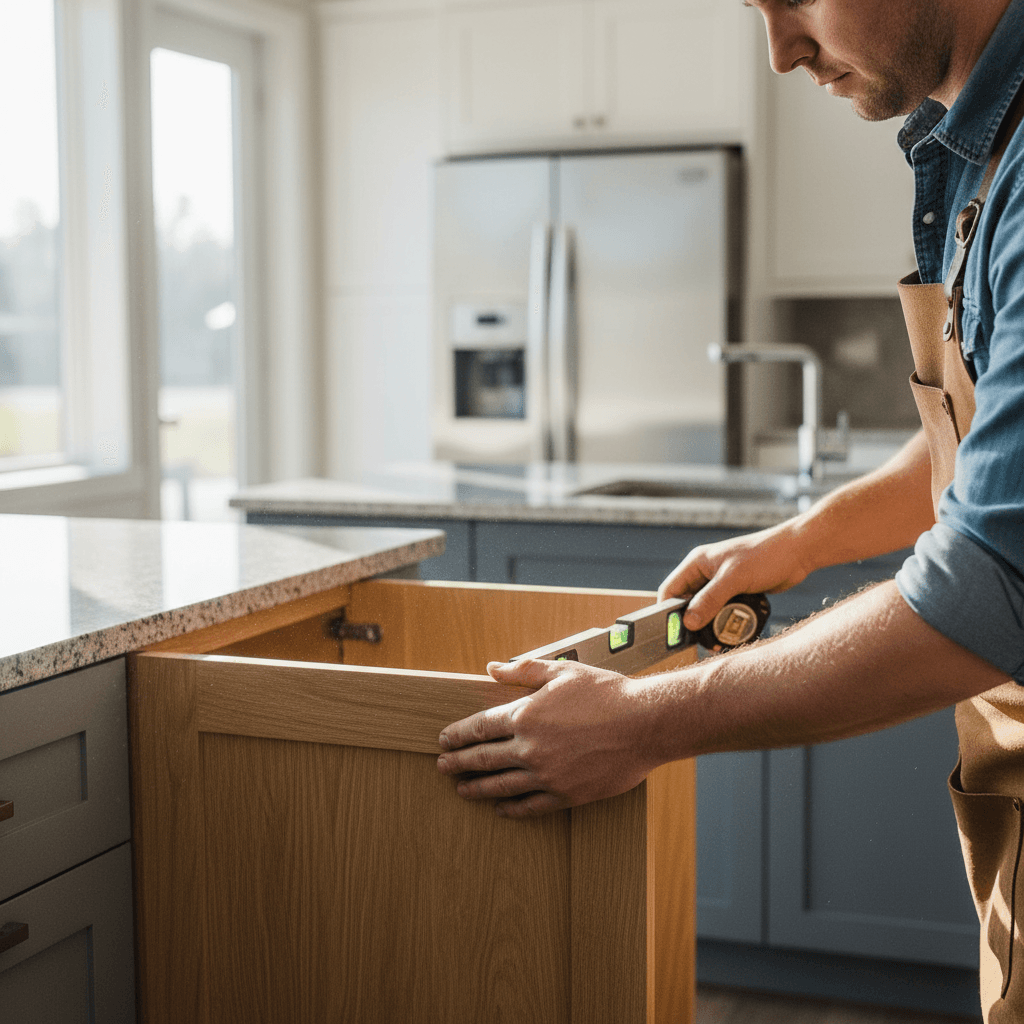 Carpenter installing custom cabinetry during a home renovation project