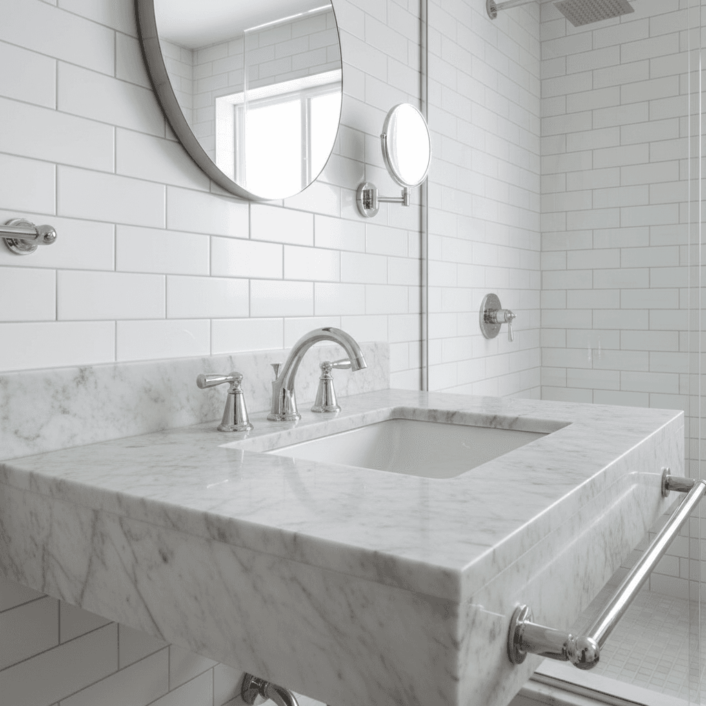 Luxury bathroom renovation with marble, tile, and premium fixtures