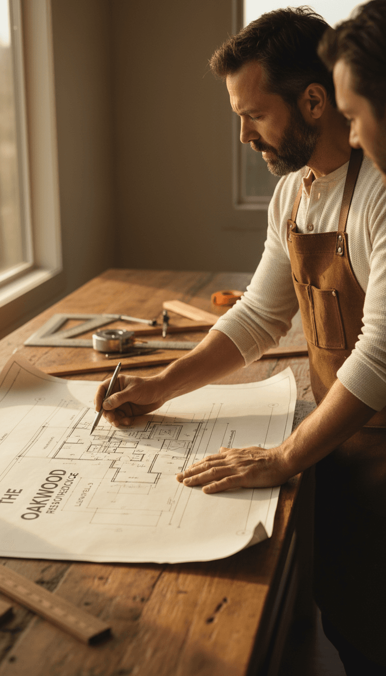 Custom home blueprint review with contractor