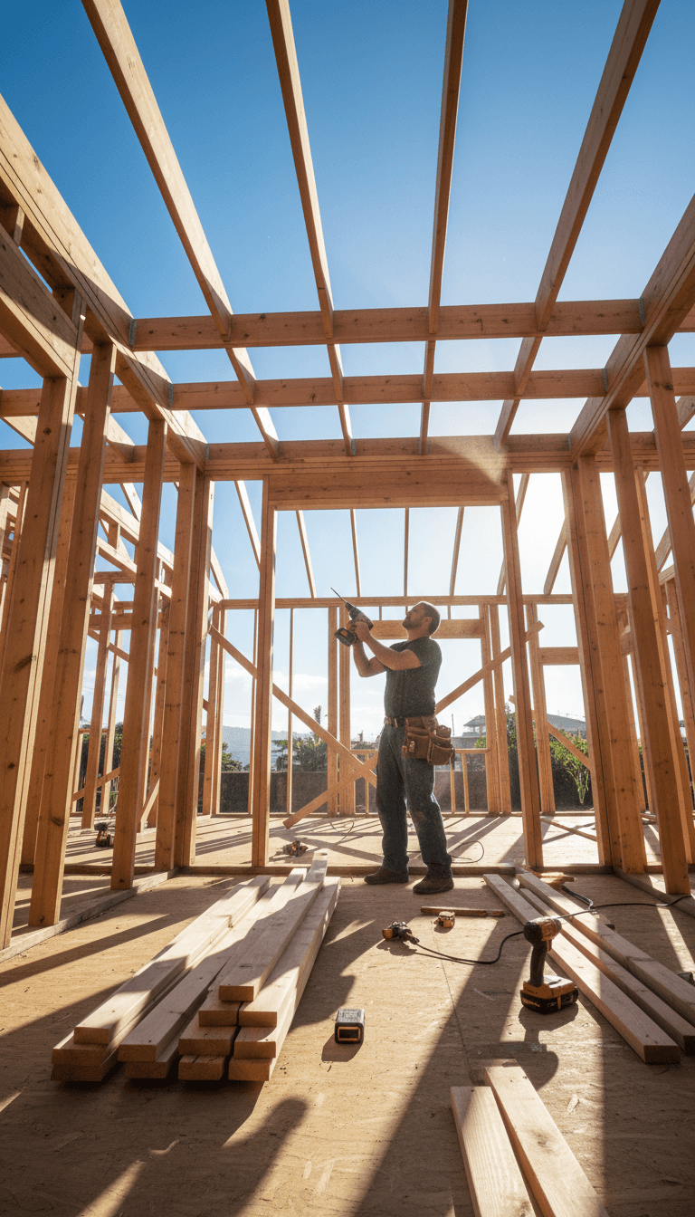 Carpenter installing framing in a Honolulu custom home construction project