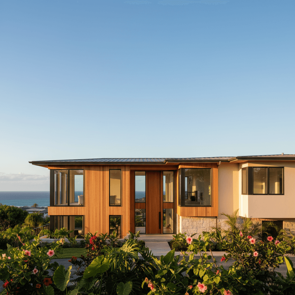 Completed modern home exterior with custom finishes and landscape design