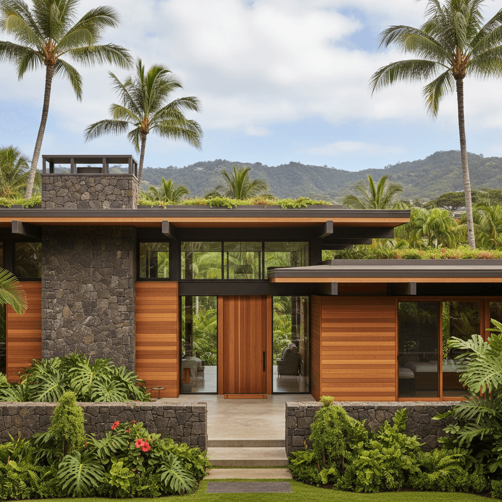 Custom-built home exterior in Honolulu with modern design and natural materials