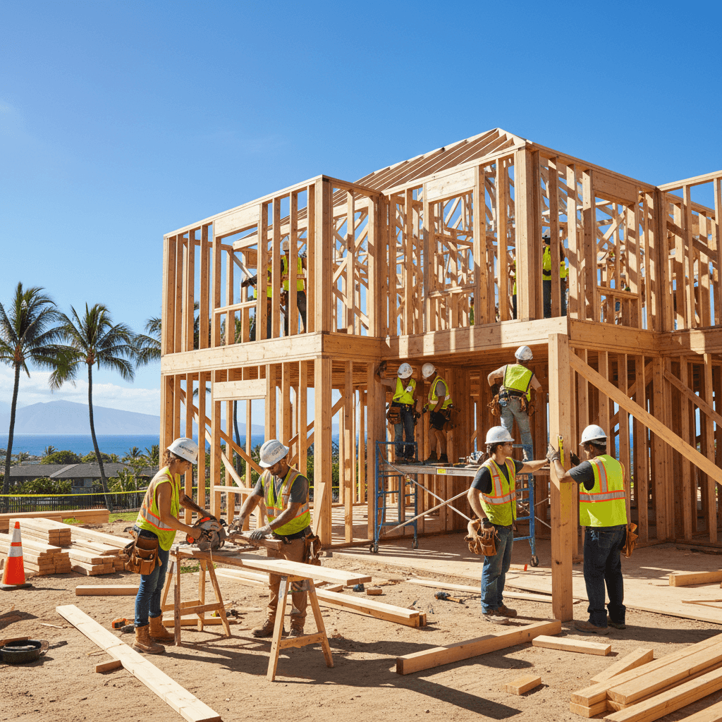 Construction team framing a custom home project in Honolulu
