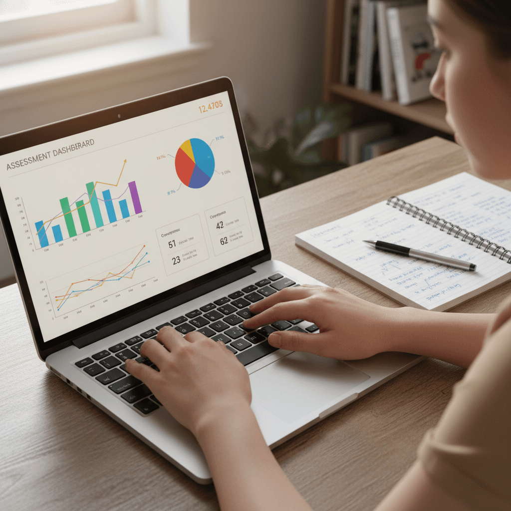 Student's hands typing on laptop displaying colorful analytical charts and research data visualizations on desk with notebook