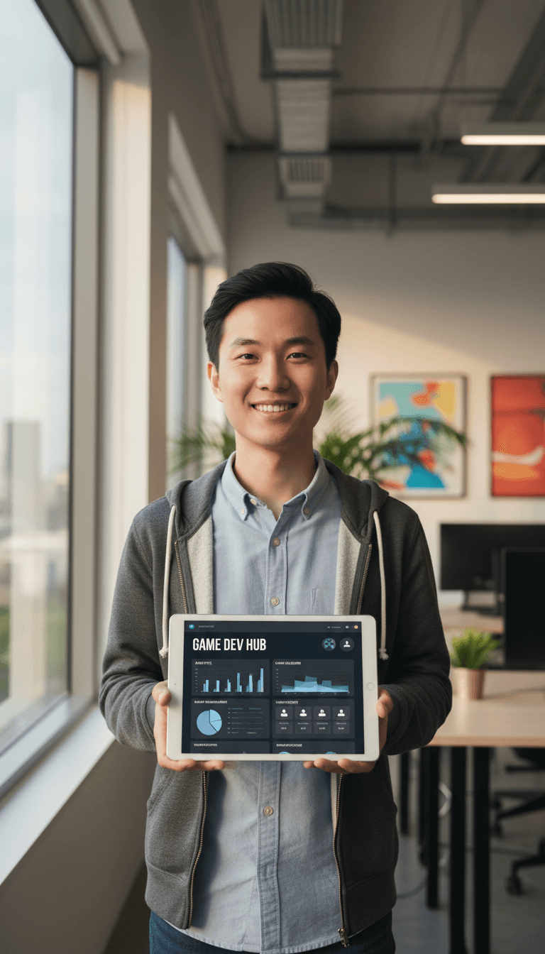 Young male developer smiling while holding tablet displaying gaming developer dashboard and analytics interface