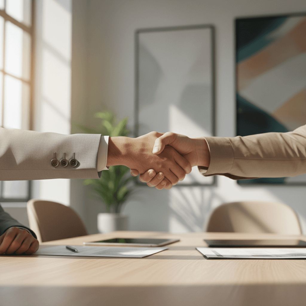 Two professionals shaking hands in close-up, demonstrating business partnership and agreement in modern office setting