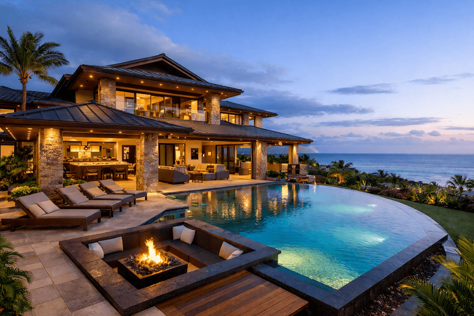 Luxury oceanfront villa at dusk with an infinity pool and sunken fire pit lounge.