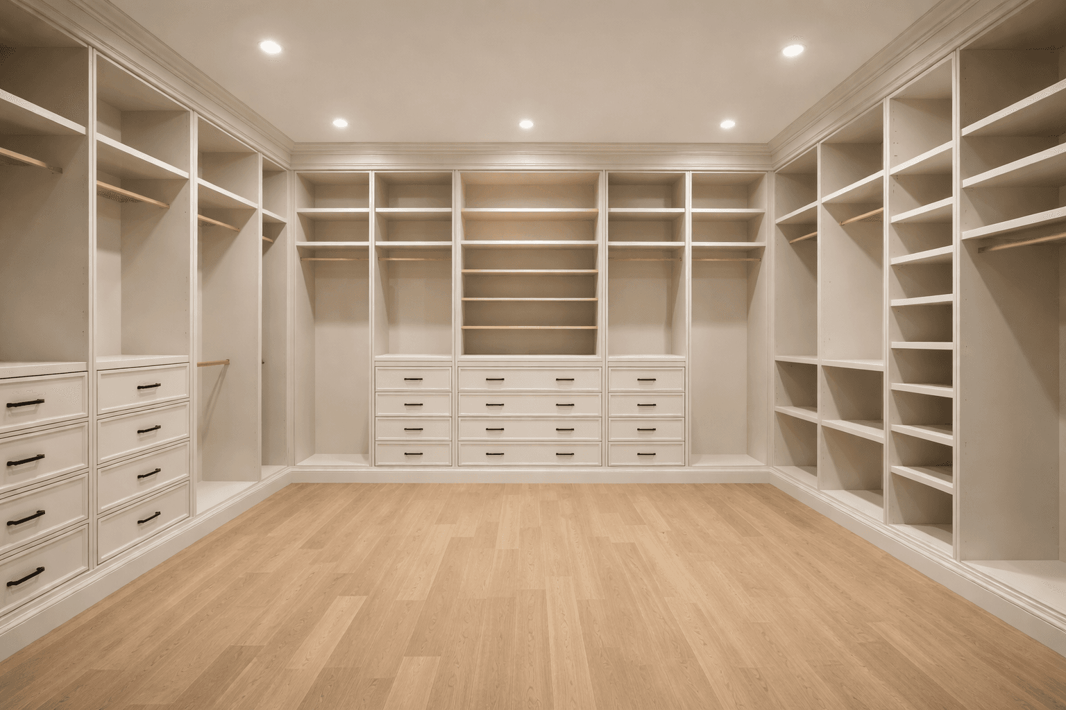 Large empty walk-in closet with white custom shelving, drawers, and light wood flooring.