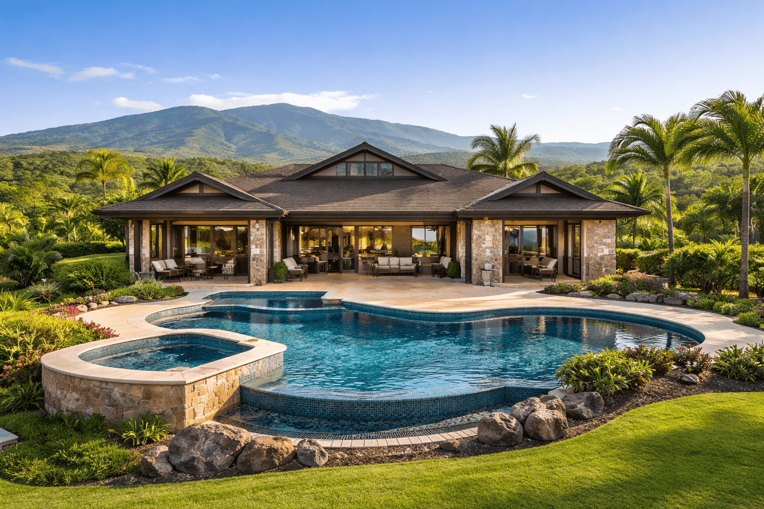 Luxury tropical estate with a multi-level swimming pool and spa overlooking lush green mountains.